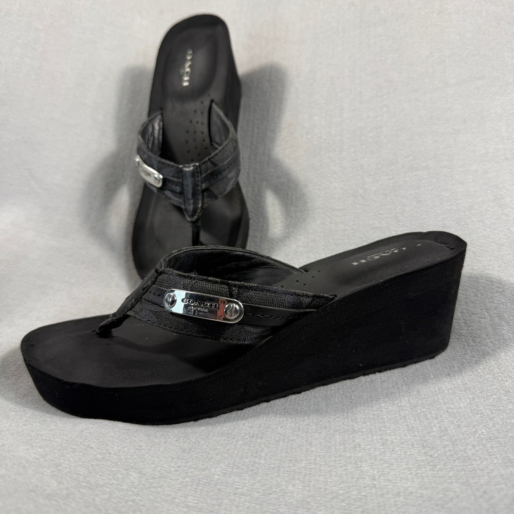 VTG COACH Womens 6.5 Signature Logo Black Jaden Platform Wedge Flip Flop Sandals